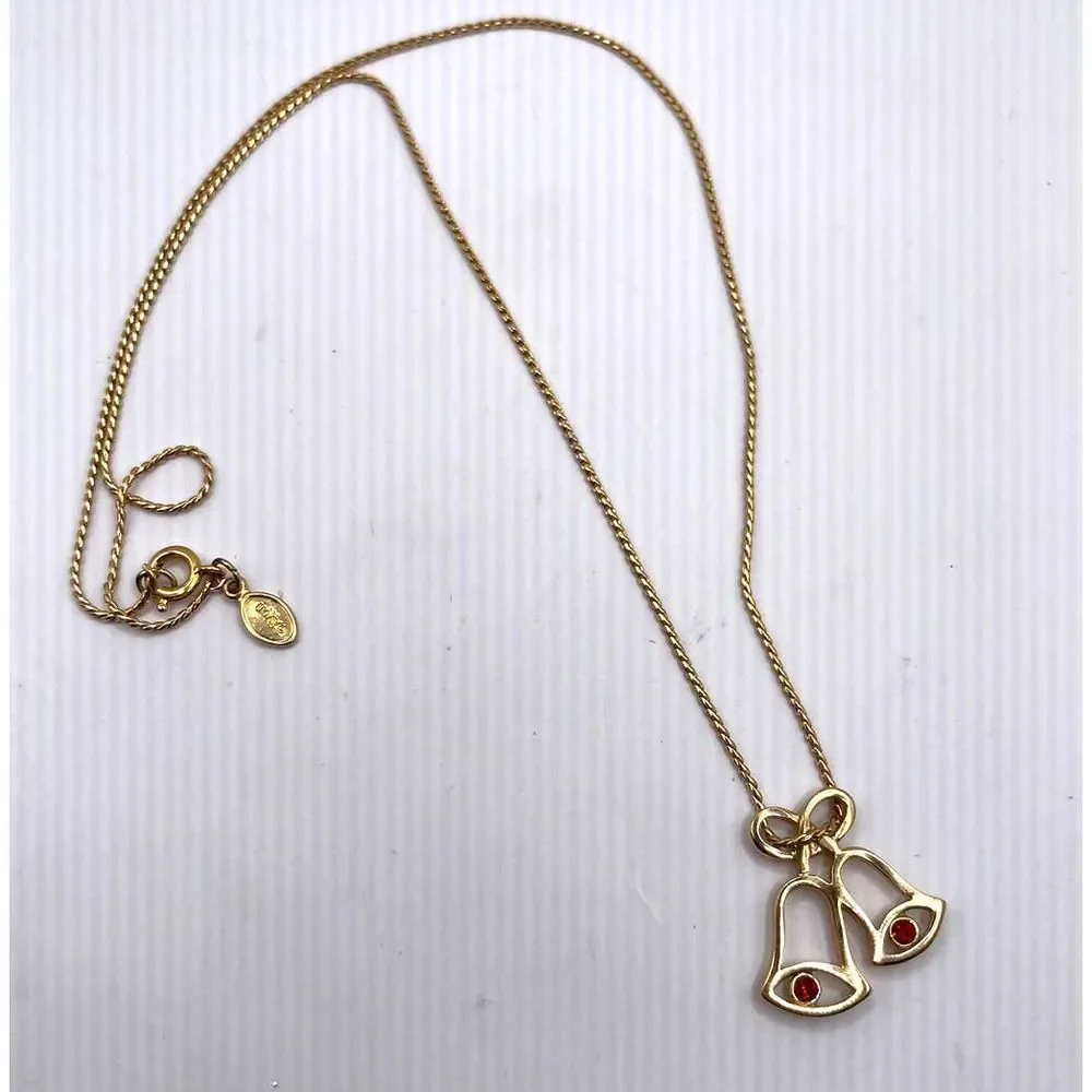 VTG 1980 Avon Gold Tone Christmas Bell Necklace Red Glowing Bells 17 Inches‎